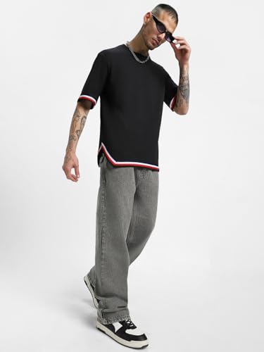 Image of Veirdo Pure Cotton Oversized Baggy Fit Half Sleeve Round Neck Tapered Hemline with Side Cuts T-Shirt for Men (Available in Black, Mustard, Fog Green, Navy)