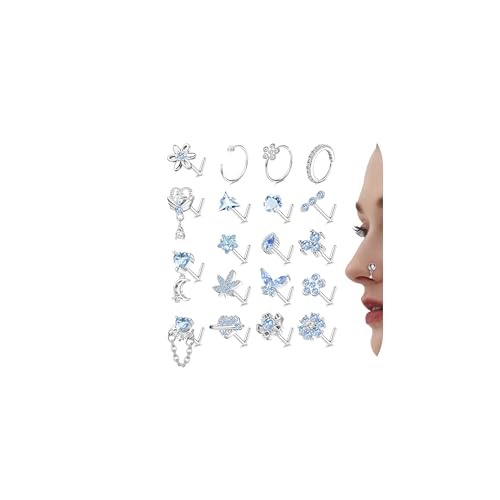 MILACOLATO 20Pcs 20G Piercing Nariz Aro Plata en Forma de L Espárragos para la Nariz de Acero Inoxidable Tornillos Hipoalergénicos con Circonita Cúbica Joyas Elegantes para Piercings de Nariz
