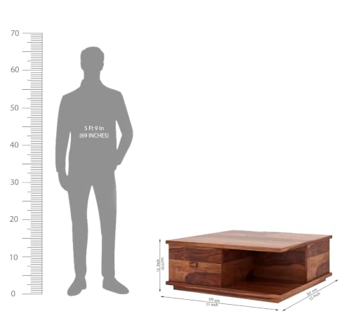 Image of Sheesham Wood Coffee Table with 2 Drawer Storage | Wooden Hallway Table for Living Room | Centre Table for Bedroom | Teapoy Tea Table (Honey Finish)