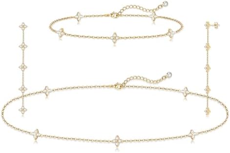 LULII Gold Jewelry Set for Women Dainty 14K Gold Plated Diamond CZ Chain Leaf Necklace and Earring Set with Drop Earrings Bracelets Gold Necklace Wedding Jewelry Gift