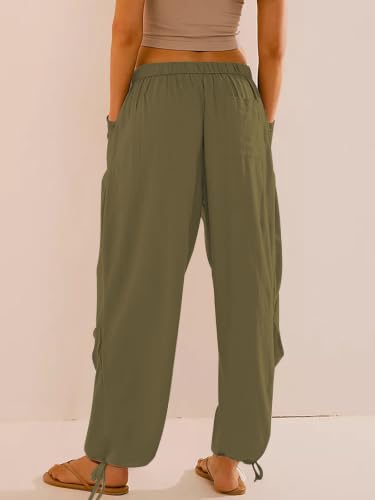 Image of Women's Linen Balloon Barrel Beach Pants Boho Harem Flowy Drawstring Casual Loose Pants with Pockets