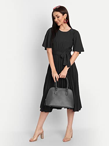 Image of KUDUZO Women's Crepe Long Pleated Below Knee Length Flutter Sleeve Round Neck S to XL Maxi Dress for Girls. (EG-U0IM-B9A1)