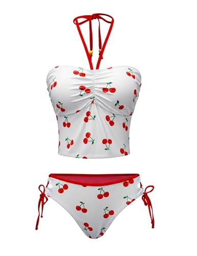ZAFUL Cute Tankini Y2k Swimsuit for Teen Trendy Side Tie 2 Piece Bikini Set Halter Ruched Bathing Suit Retro Summer Outfit Cherry Cream L