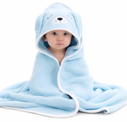 Image of BRANDONN Baby Blankets New Born Pack of Hooded Wrapper Blanket Or Baby Bath Towel (Sky Blue Dog, 0-12 Months, 75 cm x 75 cm)
