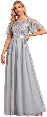 Ever-Pretty Women's Short Sleeve Embroidered Maxi Plus Size Gowns Homecoming Dress for Women Gray US20
