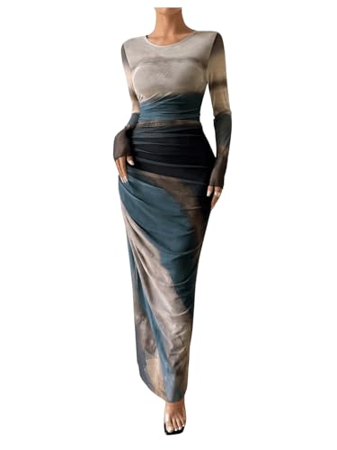 BEAUDRM Women's Fall Wedding Guest Dress Long Sleeve Cocktail Date Night Sexy Y2K Bodycon Ruched Mesh Formal Maxi Dresses S Green and Grey Medium