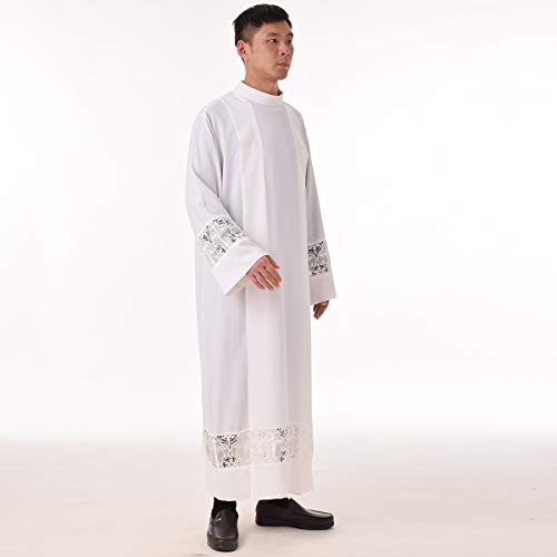 BLESSUME Priest Alb Robe Liturgical Church Garment Cross Lace Box Pleated Alb