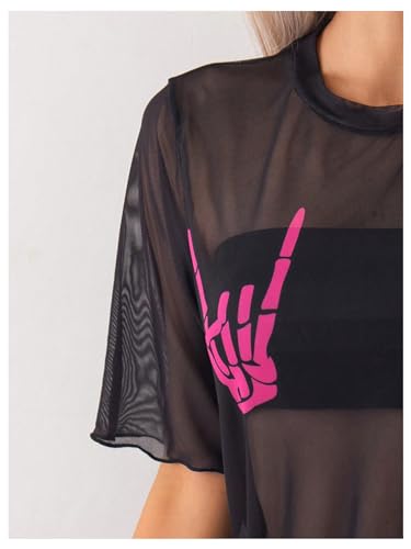 Verdusa Women's Skull Hand Print Beach Cover Ups Swimsuit Vintage Short Sleeve Crew Neck Mini Dress4