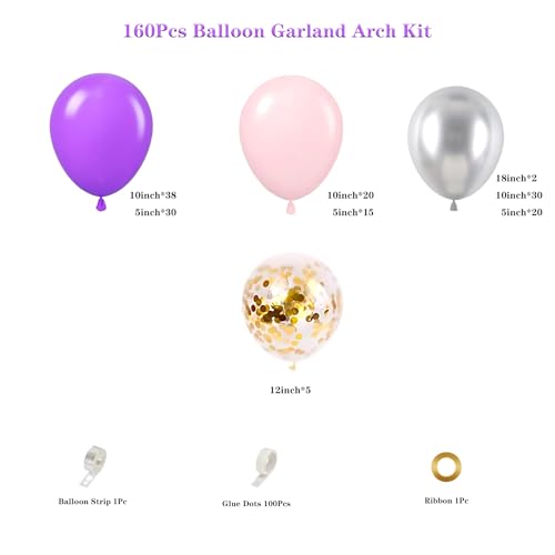 Butterfly Balloon Garland Arch Kit, 160 Pcs Pink Purple Silver Gold Confetti Balloons for Lavender Valentine Wedding Baby Shower Garden Girls Women Birthday Party Decorations — view 2