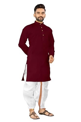 Image of UNIQUE MOMENTS Men's Cotton Dhoti Kurta Set with Full Sleeves Solid Pattern Modern Style and Mandarin Collar Neck | Perfect for Puja & Celebrations