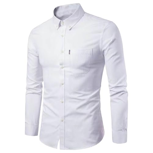 Camisa de otoño casual para hombre con solapa y botón, camisa de manga larga con solapa, camisetas de cardigán de algodón liso para hombre, blanco, L