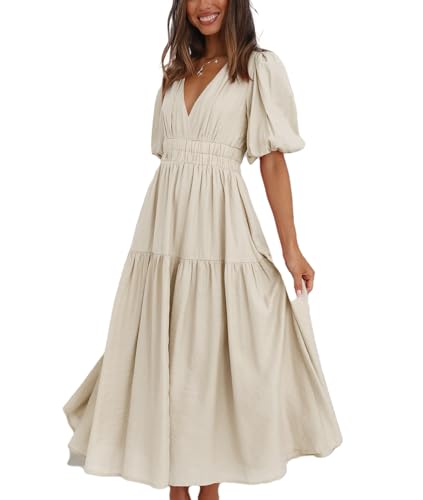 Womens Deep V Neck Puff Short Sleeve Tired Maxi Dress Boho Long Flowy Summer Dresses