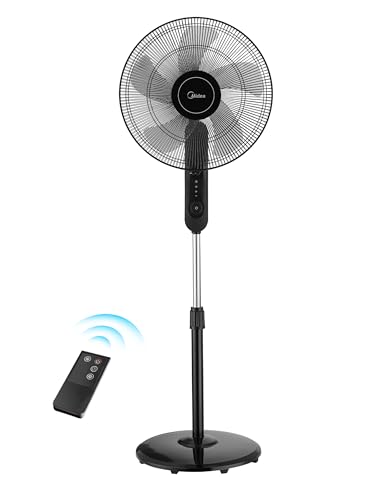 Midea FS40-15FR Standventilator Leise mit Fernbedienung,3 Geschwindigkeitsstufen,LED Anzeige, 7,5H Timer,höhenverstellbar, 80°Oszil-lationsfunktion, 55W Kraftvoller,Ventilator,Luftzirkulation, Schwarz