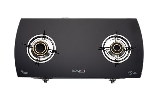 BLOWHOT Heavy Brass 2 Burner Auto Ignition Gas Stove | Toughened Glass Cooktop - Stainless Steel Frame - 2 Years Warranty (Black)