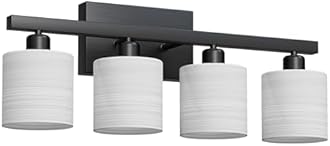 PARTPHONER Bathroom Light Fixtures, Bathroom Lighting Fixtures Over Mirror, Interior Classic Vanity Lights, Modern Vanity Light with Textured White Glass Shade, Matte Black, 4-Light
