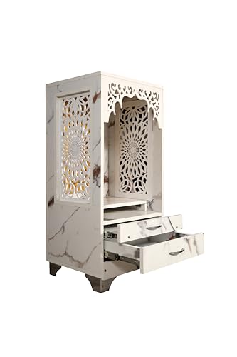 Image of Engineered Wooden Temple for Home & Gift | Corian Design Pooja Mandir Devghar | Compact Wooden Pooja Unit for Prayer Room & Living Space (White, LxWxH-43x43x100 cm)