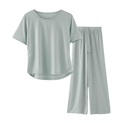 Conjunto de ropa de descanso de 2 piezas para mujer, camiseta de manga corta y pantalones de pierna ancha, traje suave y transpirable, vestido de casa relajante con bolsillos, verde, XXL