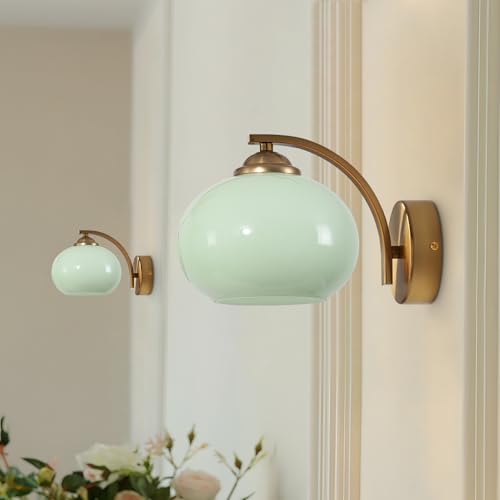 Image of Green Glass Kitchen Sconce Light Brushed Gold Bathroom Vanity Light Vintage Hardwired Wall Sconce Set of 2 Mid Century Modern Wall Lighting
