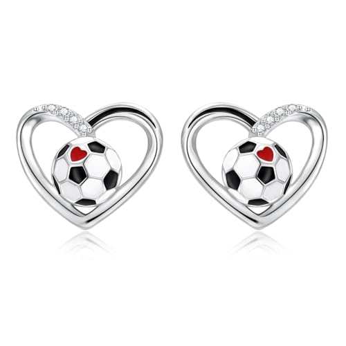 Boucles d'oreilles football argent sterling hypoallergénique cœur maman sport
