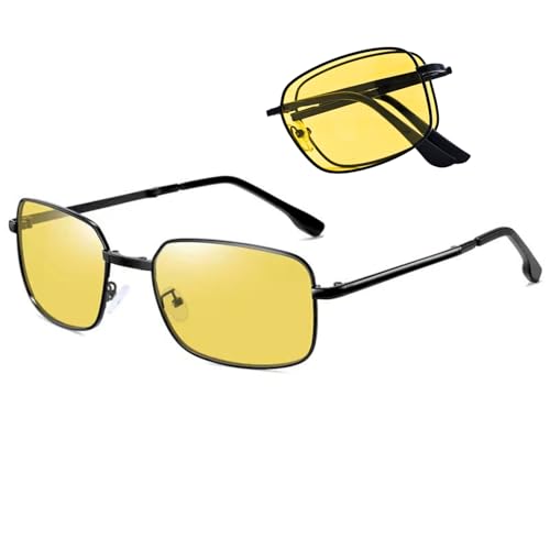 Image of HUVORA Foldable UV Protected Polarized Rectangular Sunglasses for Men Women Stylish Metal Frame Shades Sun Glasses Lightweight Photochromic Square Night Driving Goggles