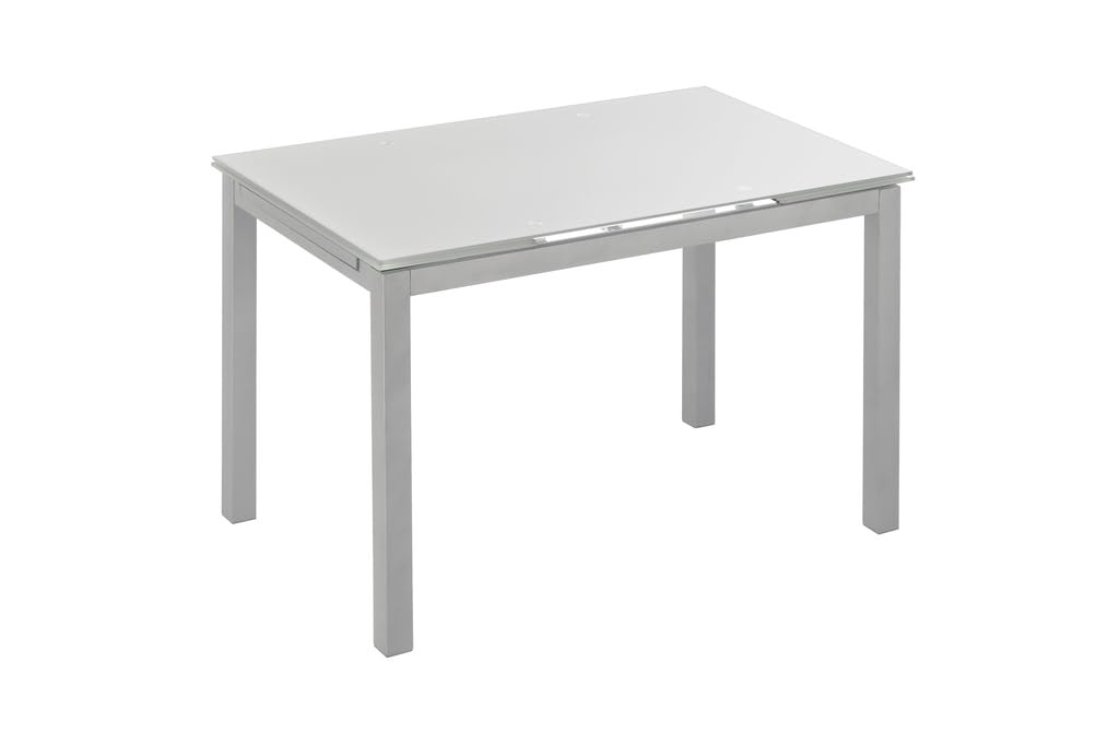 Tavolo da pranzo allungabile bianco con telaio grigio argento - 110/170x70x75 cm - piano in vetro temperato e gambe metalliche - design moderno ed elegante