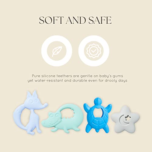 Dodo Babies Teething Toy & Pacifier Clip Set – Silicone Teether Four Pack Plus Two Universal Holder Paci Leashes And Binky Case – Blue Animal Shapes – Great Shower Gift For Baby Girl Or Boy #TOP4