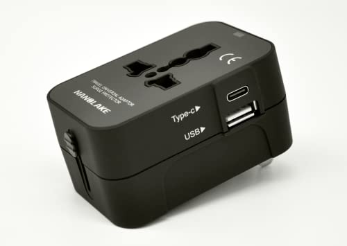Universal Travel Adapter Surge Protection 1 USB Port + 1 Type C Port Multiple Conversion Plug NANOLAKE, for 150+ Countries USA/EU/UK/AUS etc. FCC, CE and RoHS Listed. Fuse/Safety Shutter 2000W