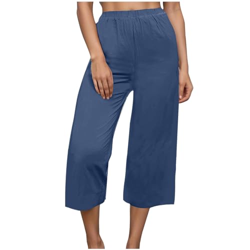 Plus Size Linen Pants for Women Linen Capris for Women Plus Size Capris for Women Casual Summer Loose Cotton Linen Pants Elastic High Waisted Cropped Trousers,Blue,XX-Large