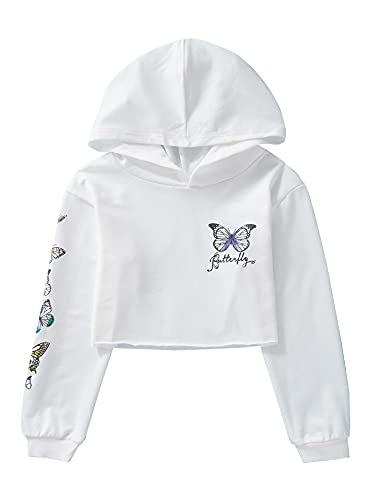 IEFIEL Sweat-Shirt à Capuche Enfant Ado Filles Papillon Chemise à Manches Longues Crop Tops Tee Shirt Pullover Capuche Automne Streetwear Blanc 13-14 Ans