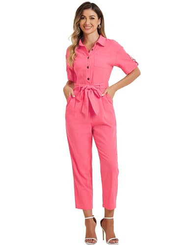 Allegra K A23120700UX0573 Women'S Short Sleeve Collared Cropped Coverall Button Down Tie Waist Cotton Cargo Jumpsuit Small Watermelon Red
