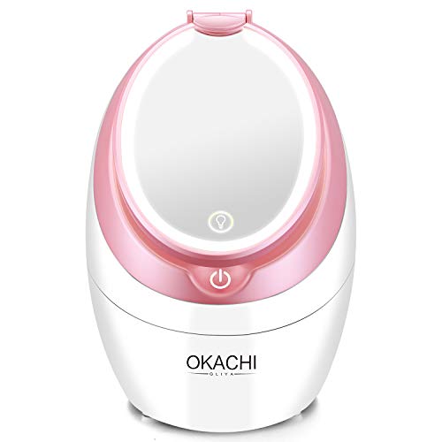 Nano Mist Face Steamer - Warm Mist Spa Facial Steamer Sprayer with LED Makeup Mirror - Home Sauna Humidifier Deep Moisturizing - Blackhead Remove Pores Cleanse (Pink)