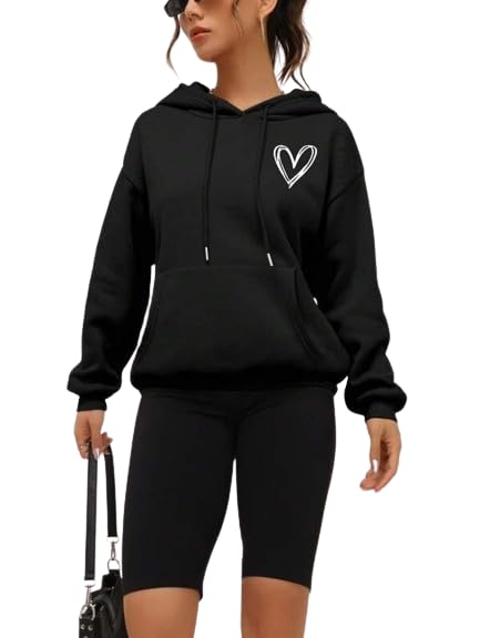 Solid Black Heart Printed Full Sleeves Pullover Casual Winter Wear Hooded Neck Hoodie for Women-image-28