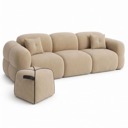 Image of FURNY Luxury Nimbus 4 Seater + Suri Pouf Sofa Set for Living Room | Boston Fabric Upholstered | Modern Cushioned Comfortable Couch for Home Office & Drawing Room | Sand Beige