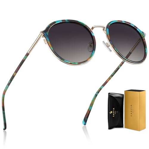 CARFIA Floral Acetate Polarized Sunglasses for Women UV Protection Fashion Metal Brow Ladies Shades Eyewears Round Sunnies, One Size