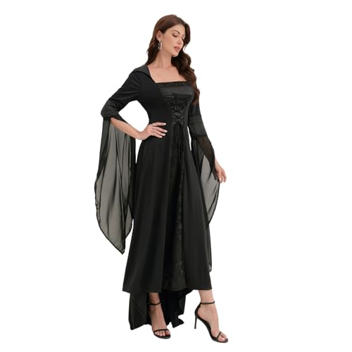 ABC.icos Gothic Kleidung Damen Schnürkleid mit Kapuze, Vintage Mittelalter Gebunden Taille Kleid, Renaissance Party Festlich Cosplay Dress, Halloween...