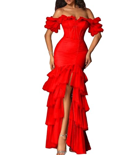 Off Shoulder Tiered Tulle Prom Dresses Long Mermaid Ruffle Slit Formal Evening Party Gowns