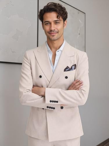 Mens Suits Linen 2 Piece Suit for Men Lightweight Double Breasted Slim Fit Suits Set for Summer Beach Wedding Prom3
