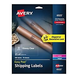 Avery Etichette permanenti lucide, 6522, spedizione, 5,1 x 10,2 cm, trasparenti, confezione da 100