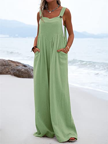 Awoscut Wide Leg Jumpsuits For Women Sleeveless Suspender Overalls Loose Wide Leg Baggy Rompers Button Palazzo With Pockets (Blue, Small) #TOP5