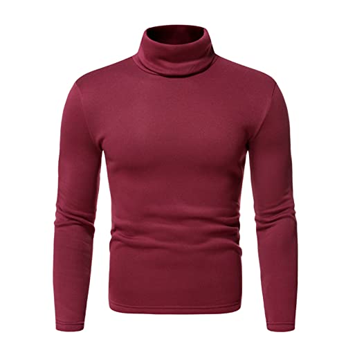 Maiyifu-GJ Mens Basic Fleece Turtleneck Pullover Top Solid Slim Fit Long Sleeve Thermal T-Shirts Casual Lightweight Sweaters (Red,Small)
