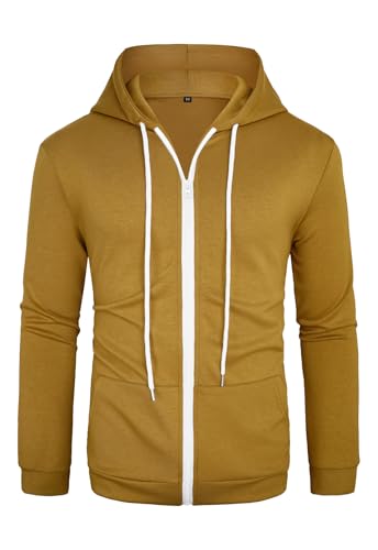AIYINO Mens Slim Fit Lightweight Zip Up Hoodie with Pockets Long Sleeve Full-Zip Hooded Sweatshirt L Yellow