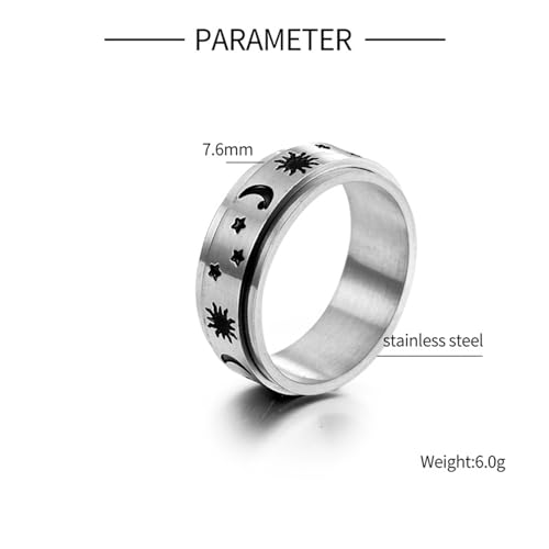 Mesnt Pierścień Spinner Męski, Męski pierścień obrotowy 7,6 mm z motywem słońca, księżyca i gwiazdy ze stali nierdzewnej, Bez kamieni szlachetnych
