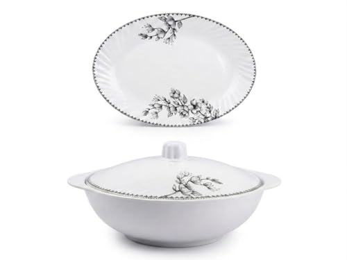 Image of Melvio By Malti 18 Pcs Dinner Set for Dining & Serving | Premium Melamine Crockery Set with Dinner Plates, Quarter Plates, Bowls, Serving Bowl, Lid & Spoons | Microwave & Dishwasher Safe