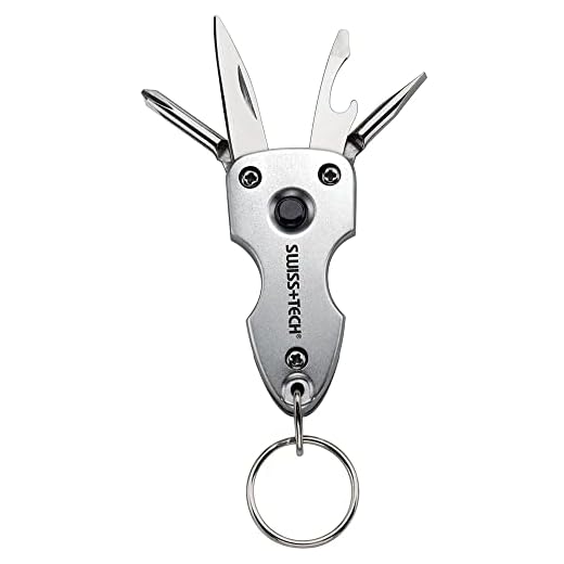 Swiss+Tech ST60300 Silver 7-in-1 Key Ring Multitool with LED Flashlight for Auto Safety, Outdoors, Camping
