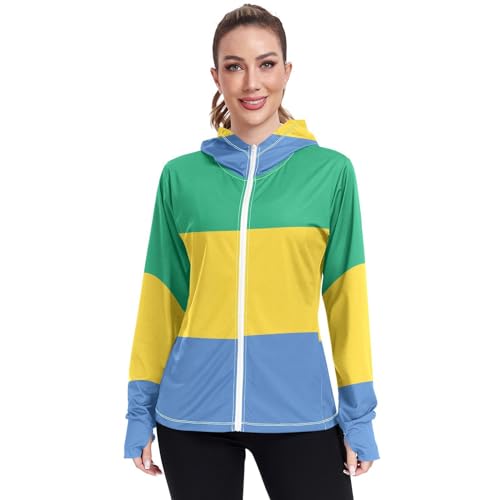 Gabon Flag Womens UPF 50+ Sun Protection Hoodie Jacket Lightweight Long Sleeve Sun Shirt with Pocket Multicoloured