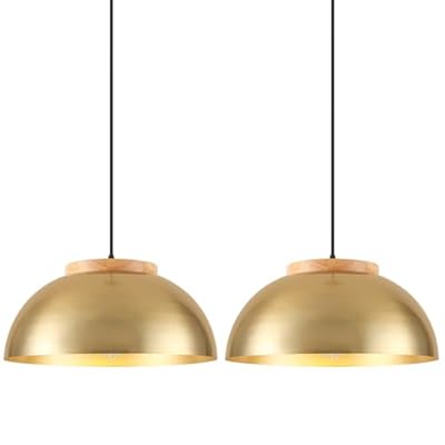 Large Pendant Lights, Gold Pendant Lights for Kitchen Island, Farmhouse Pendant Light Fixtures with Wooden Holder, 16" Adjustable Lighting Fixtures for Dining Room, Living Room, Entryway, 2 Pack