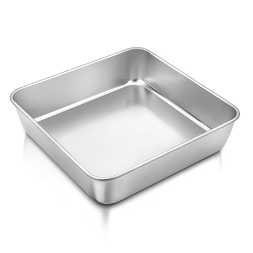 Herogo 8 Zoll quadratische Kuchenform, Edelstahl Backform Pfanne Bräter zum Backen Braten, 21x21x5cm, quadratische Brownie-Kuchenform für Geburtstag Hochzeit, gesund & ungiftig, spülmaschinenfest