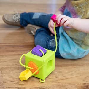 Image of Fat Brain Toys OombeeCube, Toddler and Baby Toys 10 Months and Up, Travel-Friendly Shape Sorter with Tethered Shapes for Early Learning