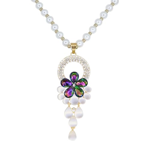 Long Crystal Flower Pearl Pendant Necklace for Women Rhinestone Floral Necklaces Pearl Beaded Necklaces Gold Sweater Statement Necklace Fashion Jewelry for Women (Colours)