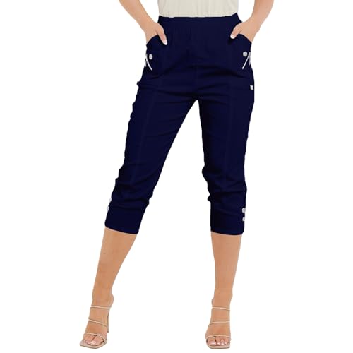 Image of Farah Collection® Women's Cherry Berry Capri Trouser, Ladies Plain Stretch Fit Elasticated Waist Summer Crop Pants (Navy, 10)